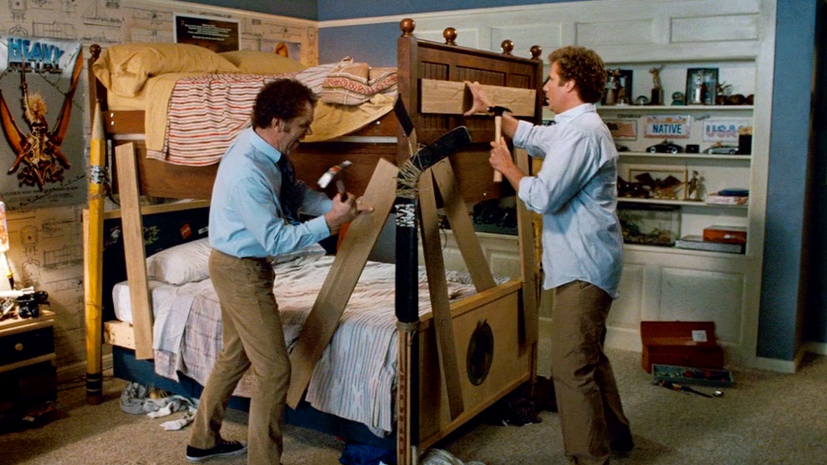 Still from Stepbrothers Movie of two men building an oversized bunk bed that will most definitely collapse.